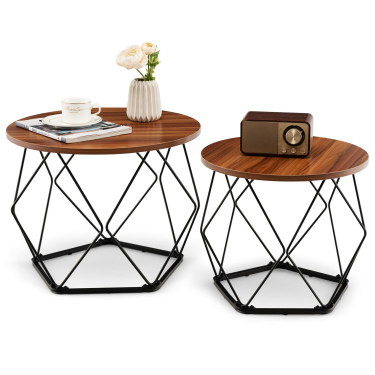 Set of 2 Modern Round Coffee Table with Pentagonal Steel Base-Rustic BrownCostway Gallery View 7 of 11